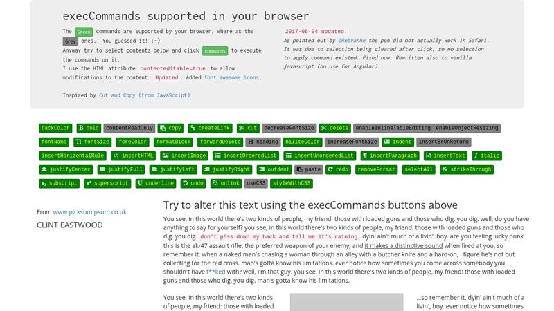 CodePen - Use execCommands to edit HTML content in your browser