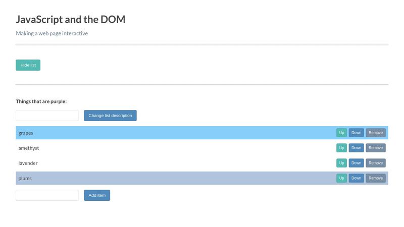 Javascript: DOM, elements, selections, event listeners, etc.