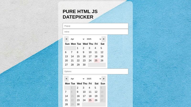 Pure HTML JS Datepicker image.