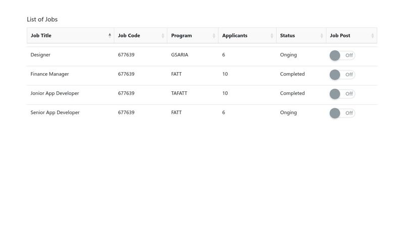 Data Table with toggle switch & sorting