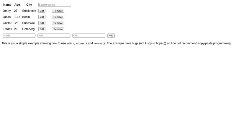 List.js - Table with sort, add, edit, remove