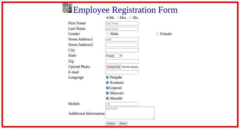Webpage:Employee Registration