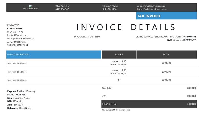 Invoice Template Table