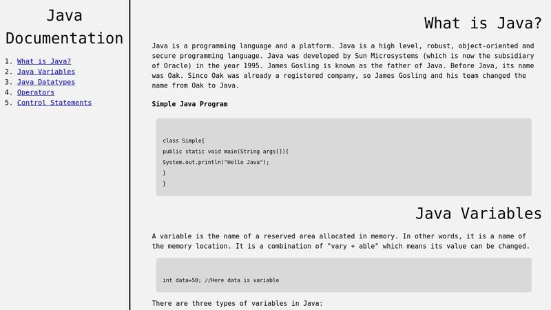 Java Documentation Page
