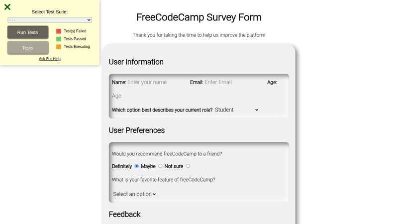 CodePen Home FCC: Survey Form