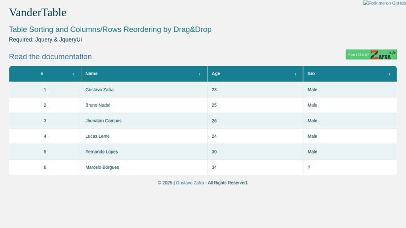 VanderTable - Table Sorting and Columns/Rows Reordering by Drag&Drop