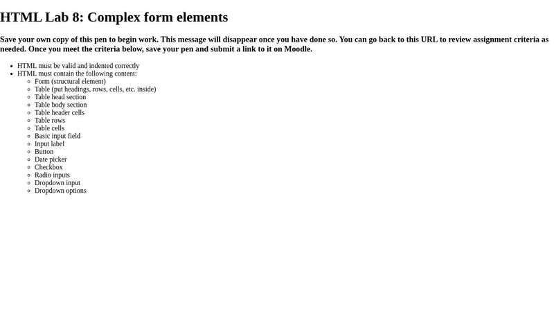 HTML Lab 8: Complex form elements
