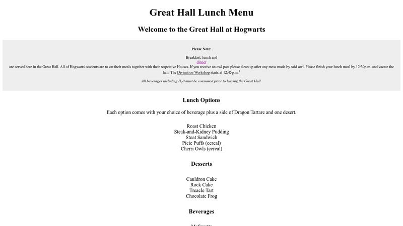 Great Hall Lunch Menu