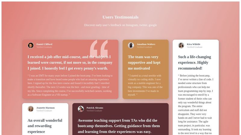 Testimonials Grid Cards HTML CSS