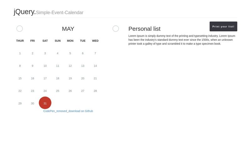 jQuery Simple Event Calendar Personal