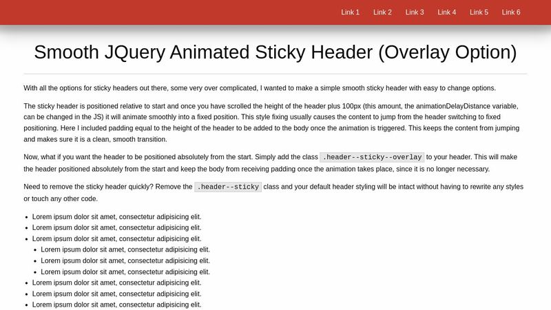 Smooth JQuery Animated Sticky Header (Overlay Option)