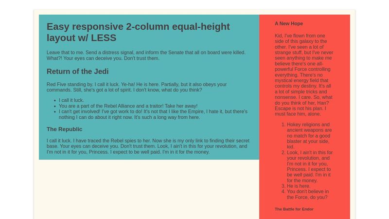 Easy responsive 2-column equal-height layout w/ LESS