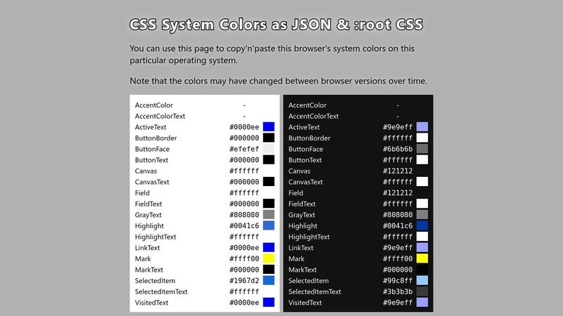 CSS System Colors as JSON & :root CSS