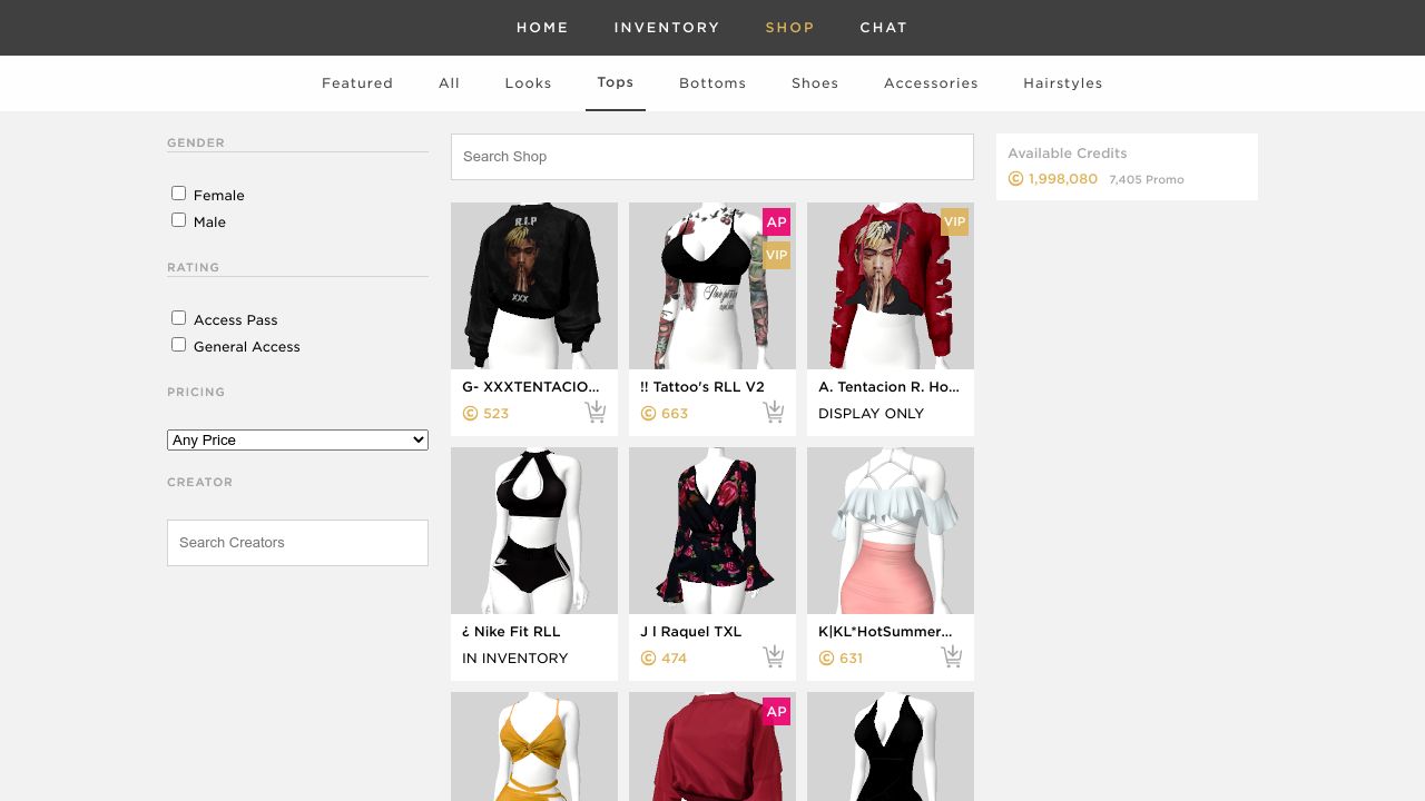 imvu shop layout study (css grid, <template>, position:sticky)