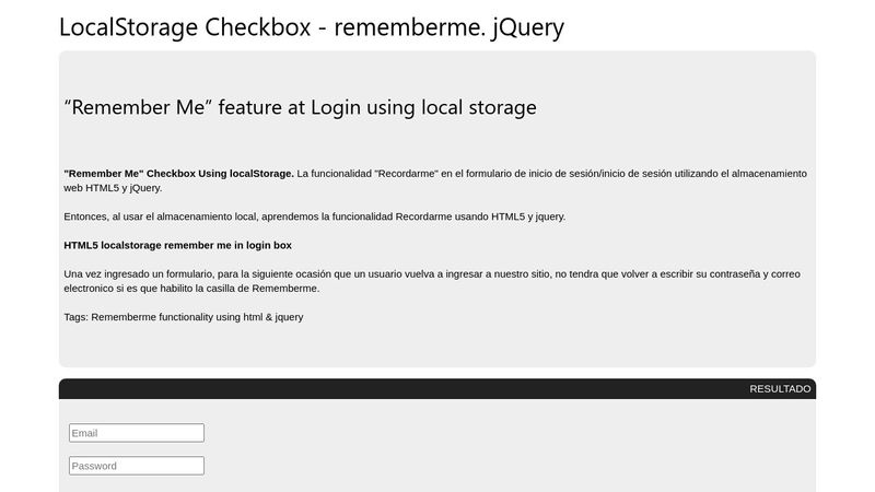 checkbox remember me. Local Storage jQuery