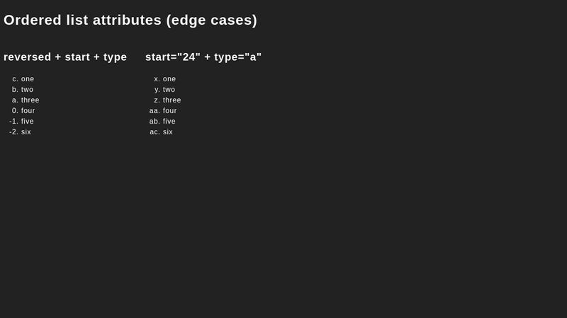 HTML ordered list start / reversed / type attributes (edge cases)