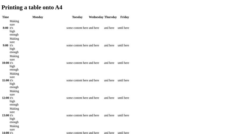 Print a table on A4 with CSS