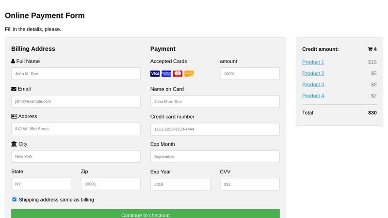 test html - Online Payment Form - in progress