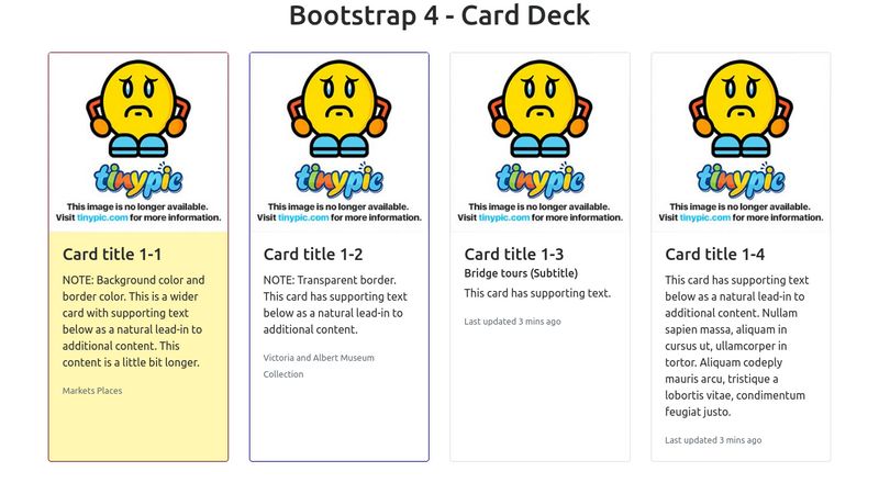 Bootstrap 4 card deck giúp bạn tạo ra những trang web đẹp mắt với các dòng dữ liệu được xếp chồng lên nhau một cách hợp lý. Hãy xem hình ảnh liên quan để khám phá thêm về các tính năng hấp dẫn của Bootstrap 4 card-deck.