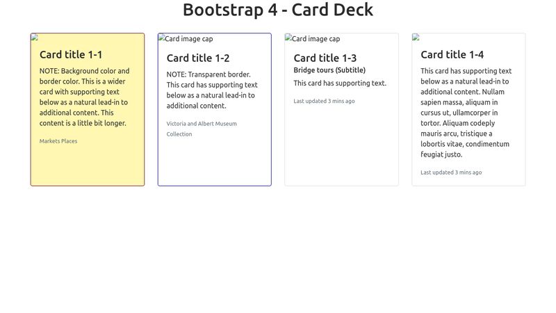 Bootstrap 4 card deck giúp bạn tạo ra những trang web đẹp mắt với các dòng dữ liệu được xếp chồng lên nhau một cách hợp lý. Hãy xem hình ảnh liên quan để khám phá thêm về các tính năng hấp dẫn của Bootstrap 4 card-deck.