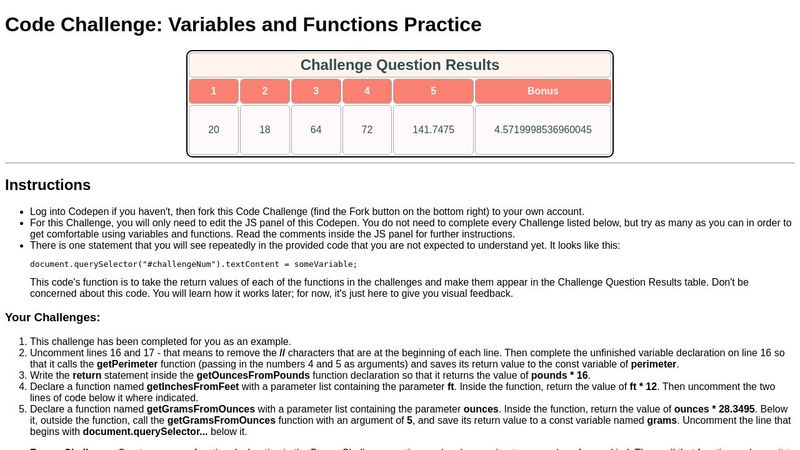Code Challenge: Variables and Functions Practice