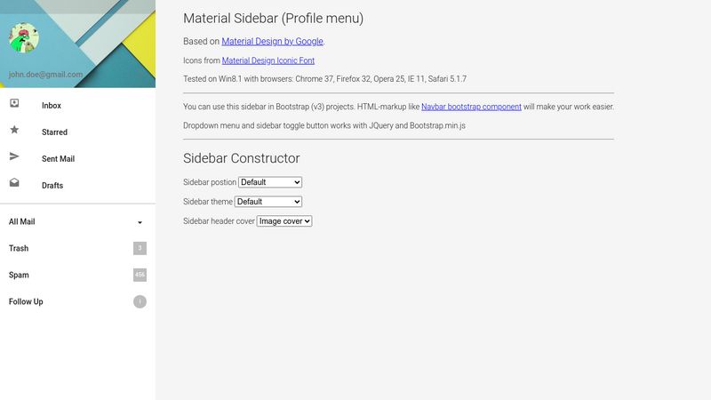 Material Design - Sidebar (Profile menu)